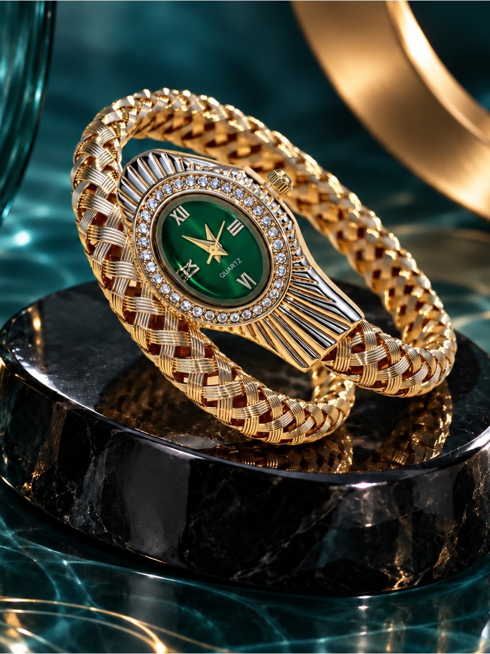 Gold-Tone Green Dial Bangle Watch